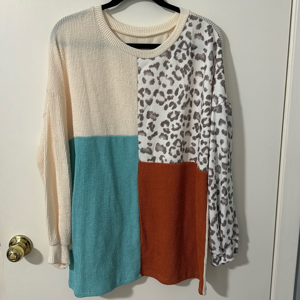 Cream, teal, orange, cheetah long sleeve top